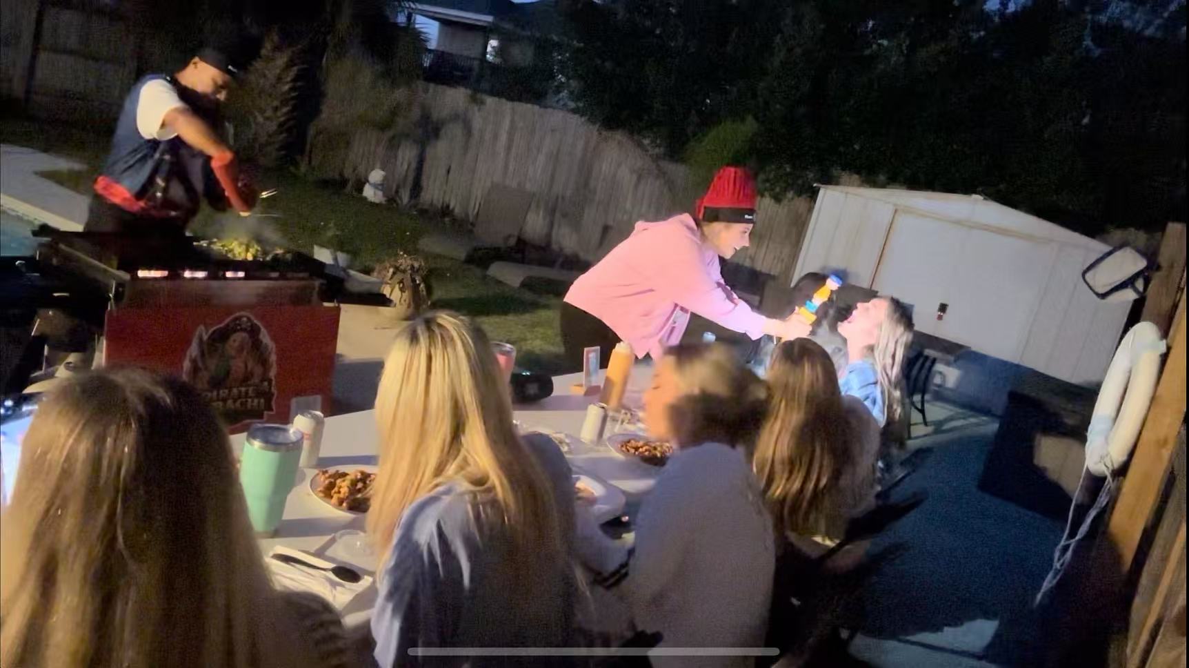 Hibachi chef performing flying shrimp trick at bachelorette party Panama City Beach