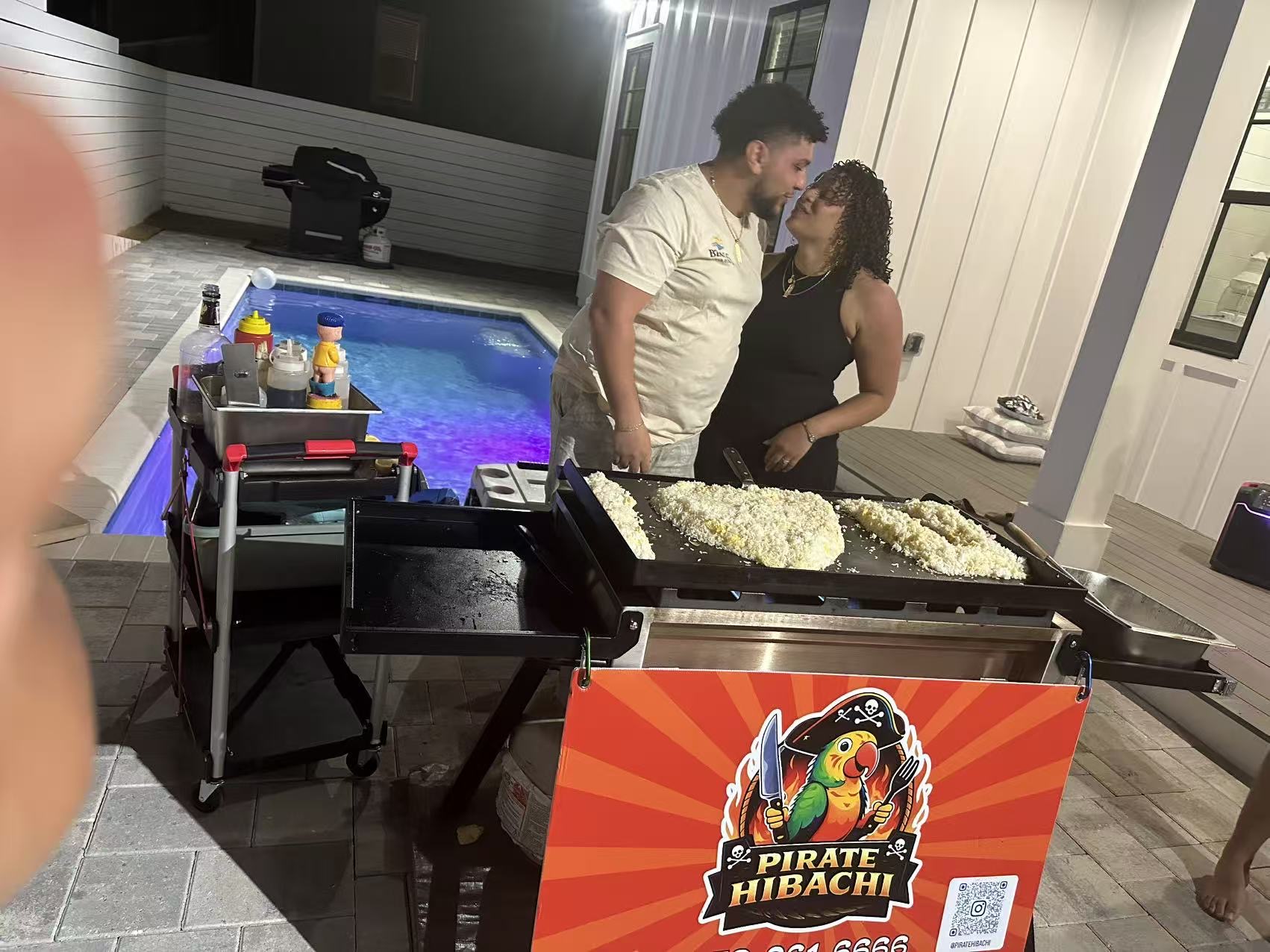 Hibachi birthday party setup at backyard in Santa Rosa Beach Florida