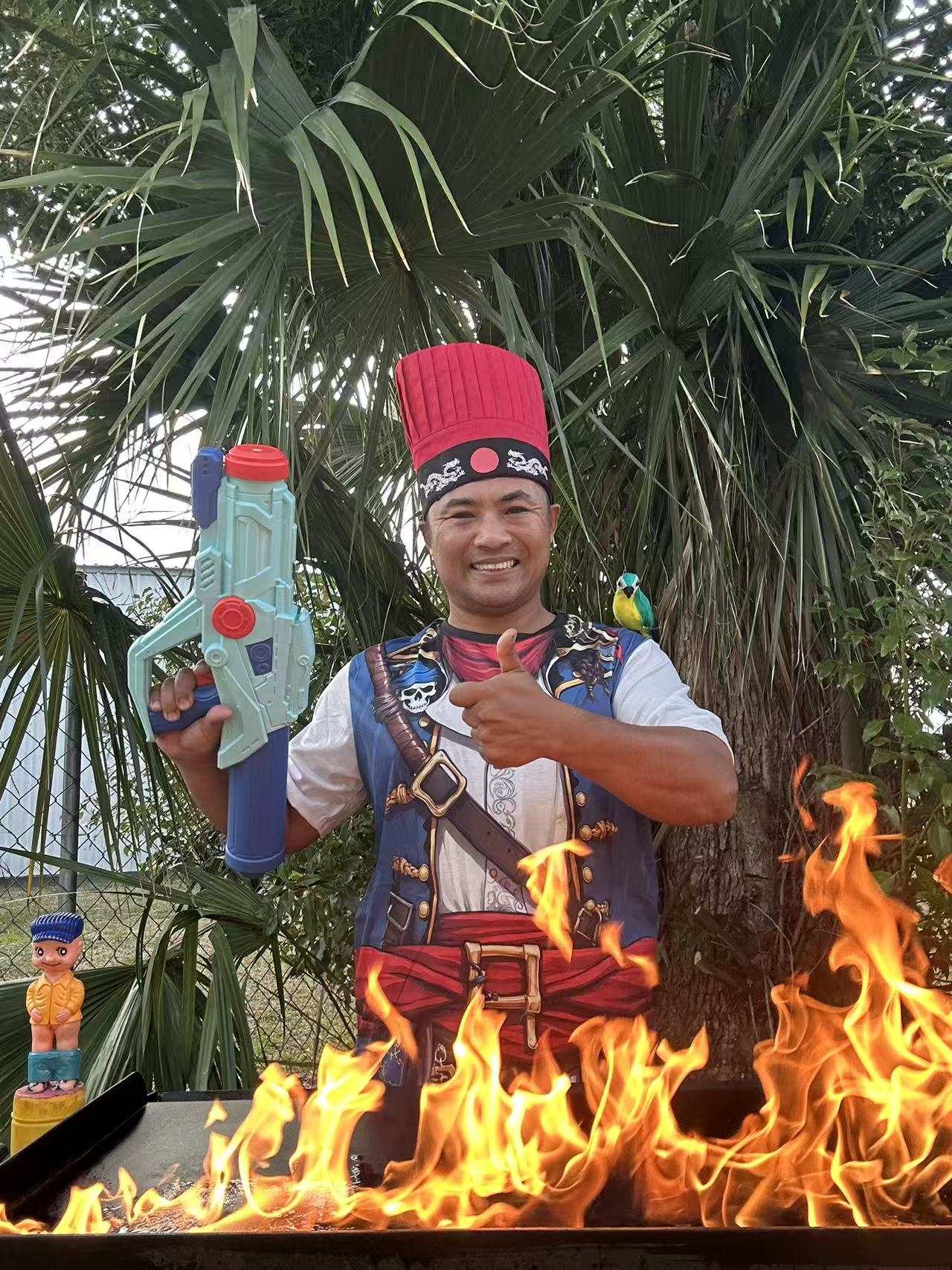 Pirate Hibachi chef performing fire tricks at Panama City Beach backyard party
