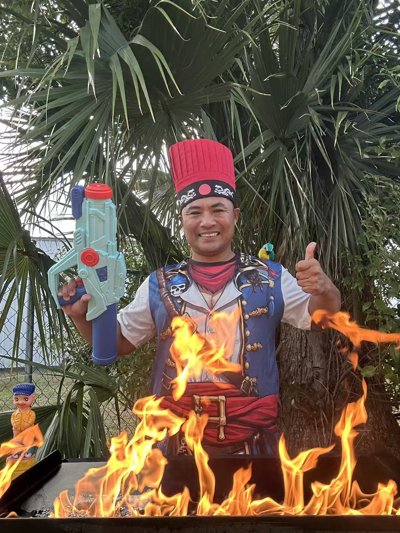 Pirate Hibachi chef entertaining guests at Panama City Beach backyard party